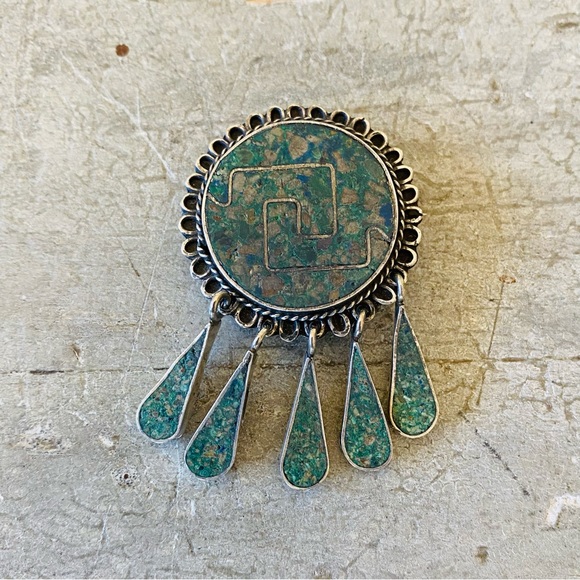 ♥️ Southwestern Style ♥️ Taxco Sterling Silver & Green Gemstone Brooch Pendant - Picture 2 of 8